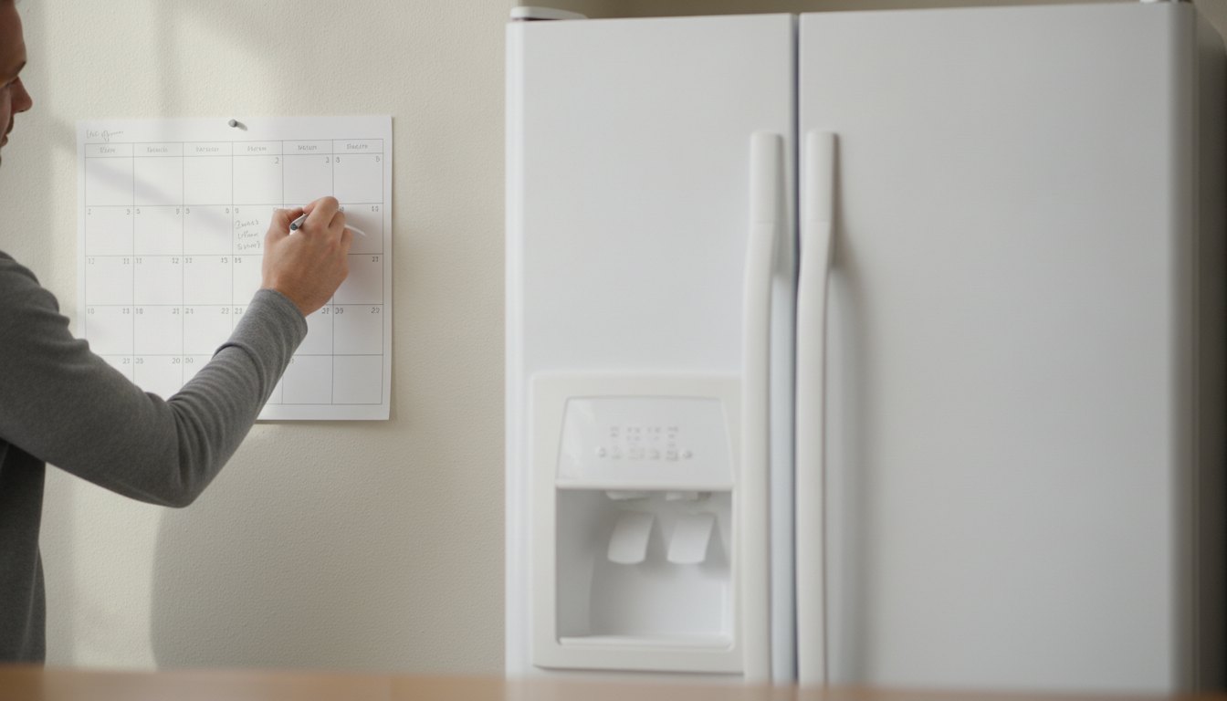 Pessoa fazendo anotações em um calendário de papel pendurado na parede próximo a uma geladeira branca.