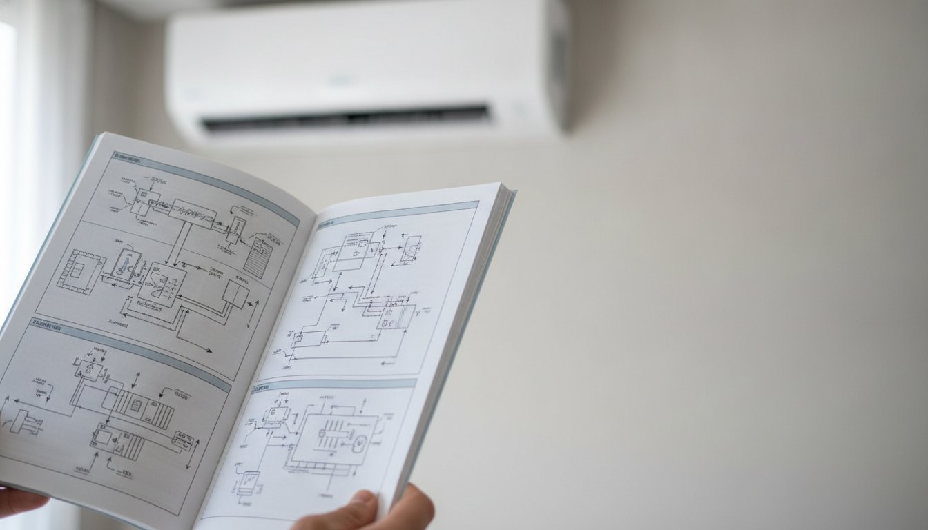 Mão segurando um manual de instruções aberto com diagramas técnicos diante de um ar-condicionado de parede.