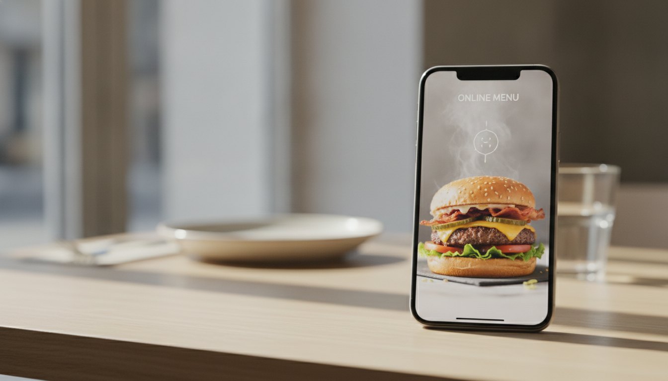 Smartphone exibindo menu online de restaurante com foto de hambúrguer em movimento sutil na tela.