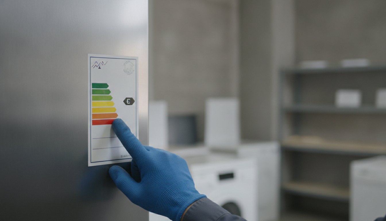 Técnico apontando para a etiqueta colorida de eficiência energética colada na lateral de um refrigerador