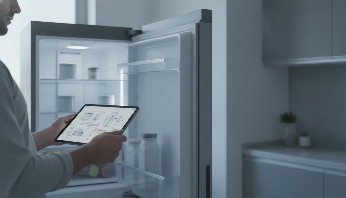 Pessoa segurando um tablet com um diagrama técnico ao lado de uma geladeira aberta.