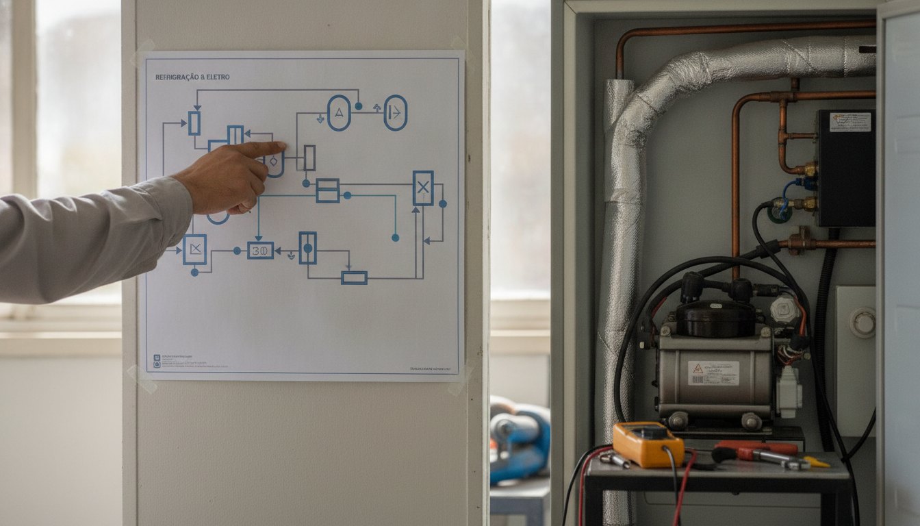 Técnico aponta para um fluxograma impresso enquanto inspeciona o painel traseiro de um refrigerador doméstico.