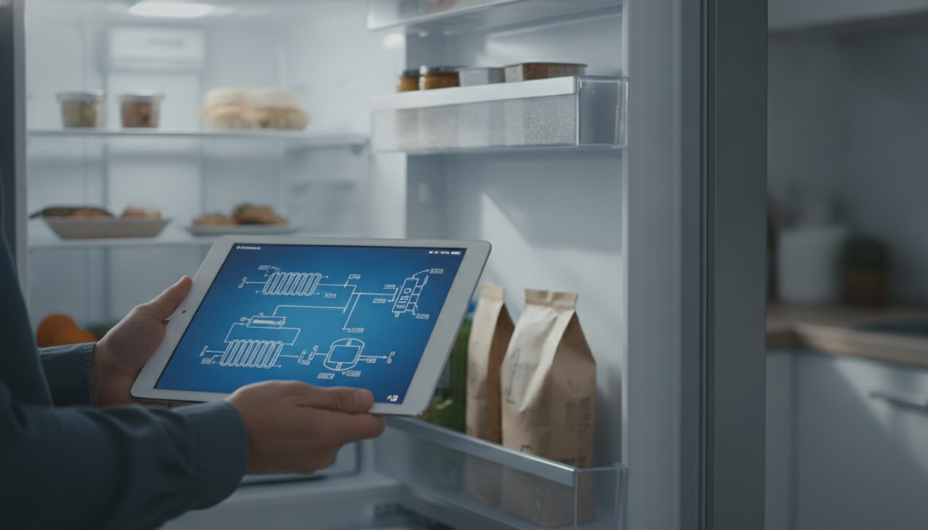 Pessoa segurando um tablet com um diagrama técnico em frente a uma geladeira aberta
