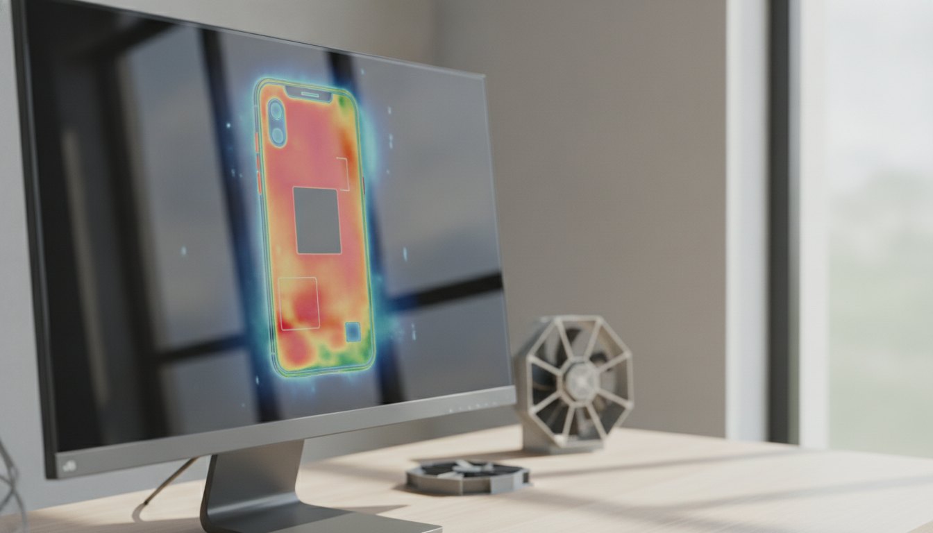 Tela de computador exibindo um diagrama visual com áreas vermelhas indicando calor em um smartphone.