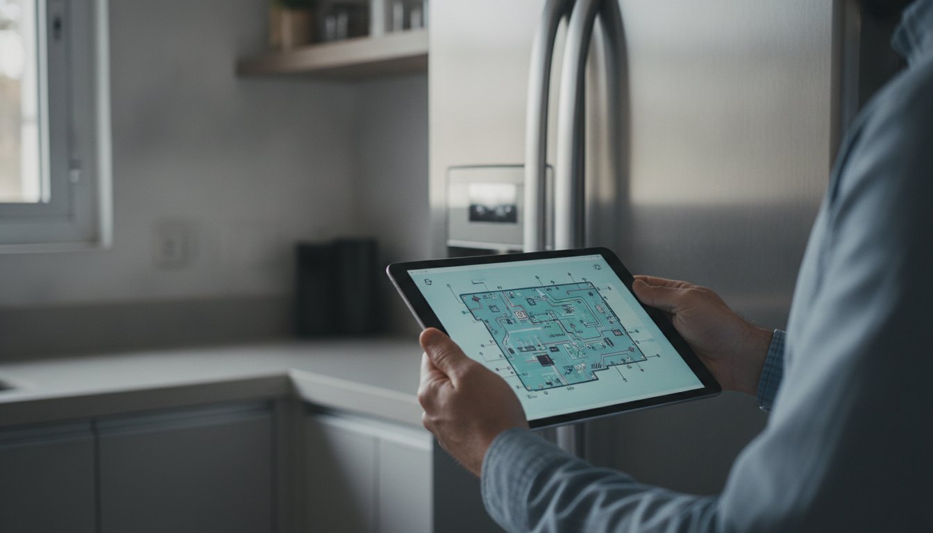 Pessoa segurando um tablet com um diagrama esquemático aberto na frente de uma geladeira.