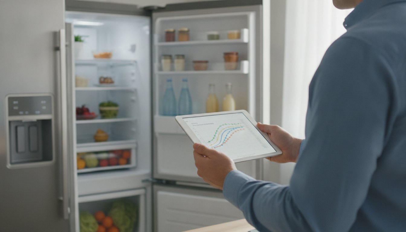 Pessoa segurando um tablet com um gráfico colorido ao lado de uma geladeira aberta.