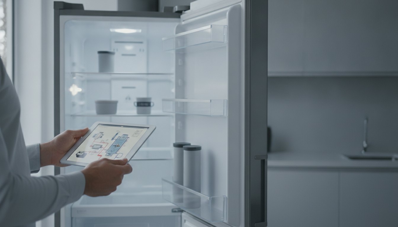 Pessoa segurando um tablet com um diagrama técnico ao lado de uma geladeira aberta.