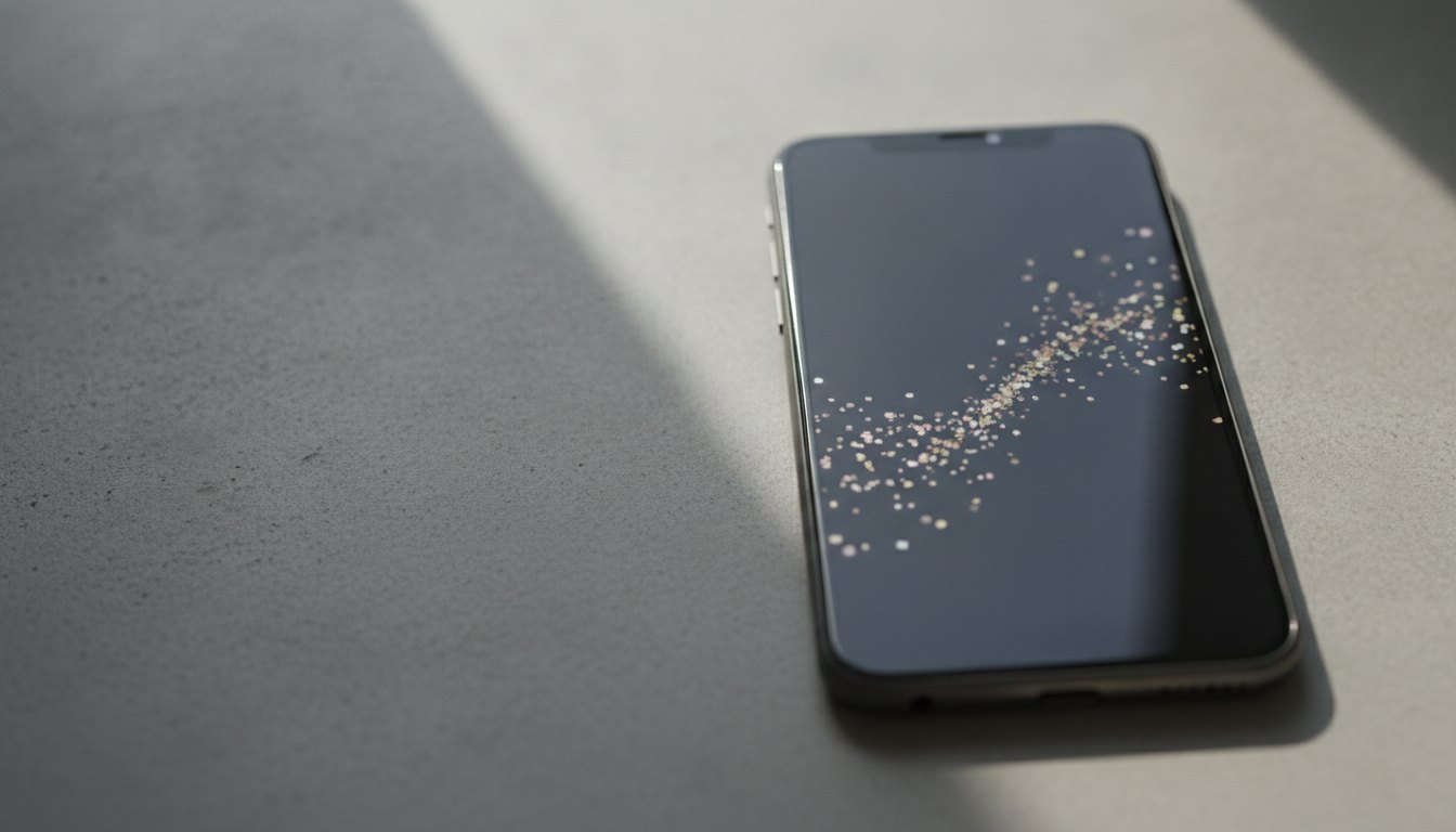 Tela de smartphone exibindo um convite digital com pequenos confetes em movimento sobre fundo escuro.