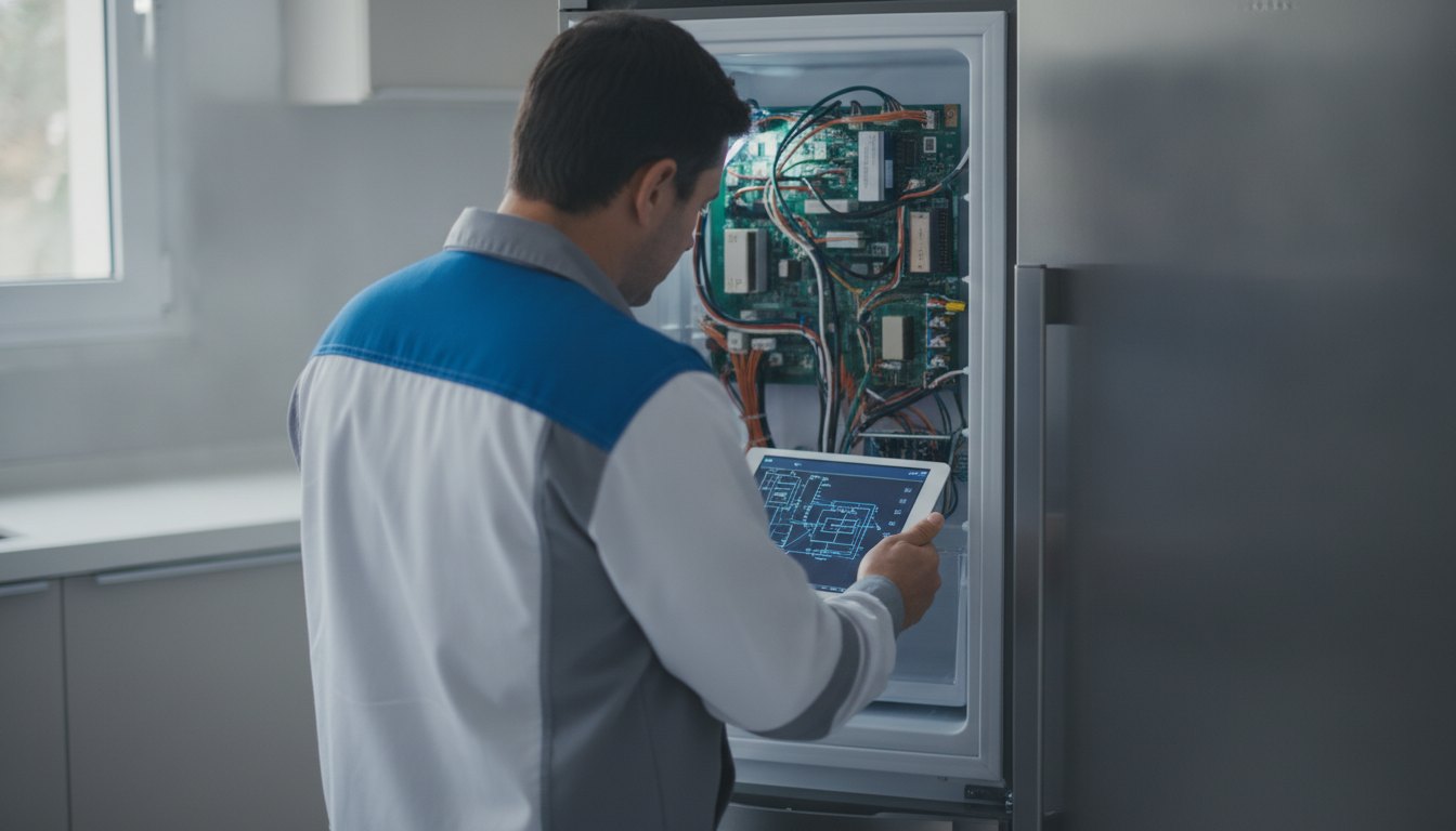 Técnico uniformizado inspeciona o painel de uma geladeira enquanto segura um tablet com diagrama aberto.