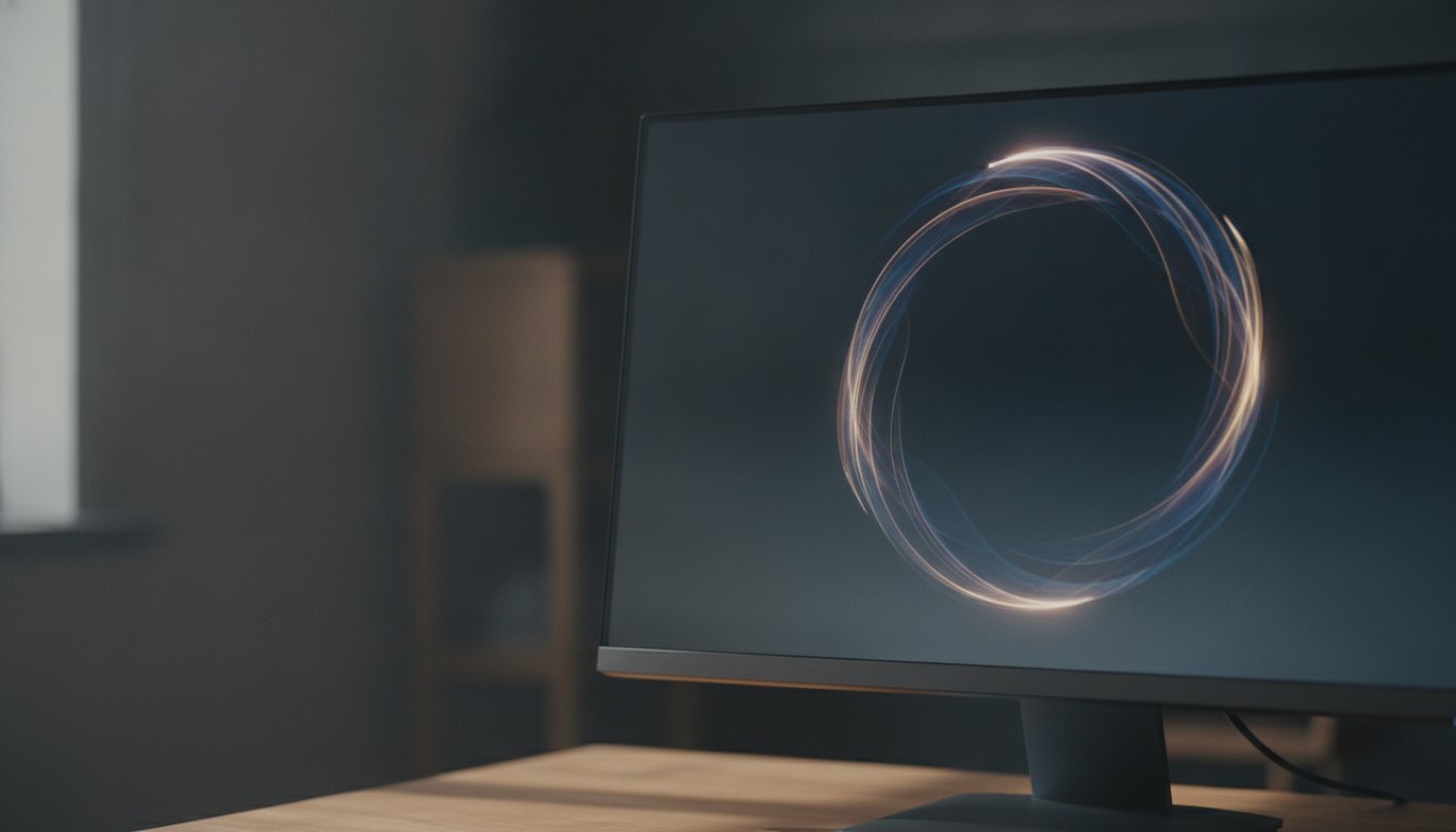 Tela de computador exibindo um círculo animado em movimento sobre um fundo escuro desfocado.