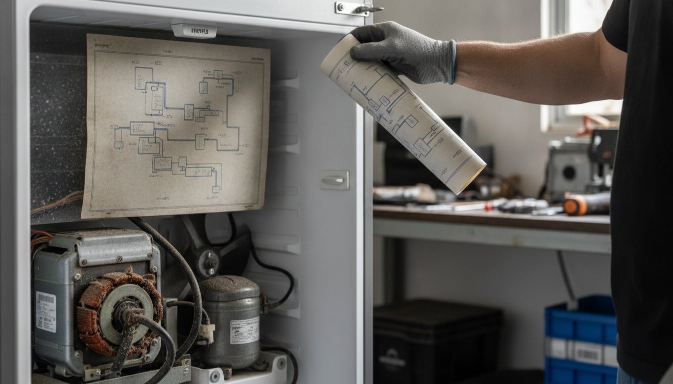 Técnico aponta para um diagrama impresso enquanto inspeciona o motor de um refrigerador aberto.