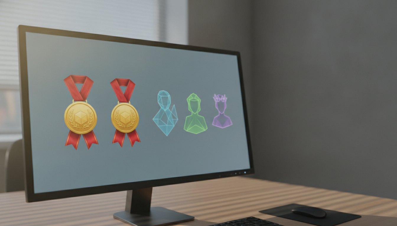 Tela de computador exibindo três medalhas douradas giratórias com fitas vermelhas ao lado de avatares.
