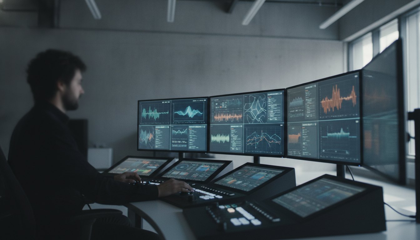 Pessoa operando painel de controle de vídeo com várias telas e gráficos sobrepostos em estúdio.