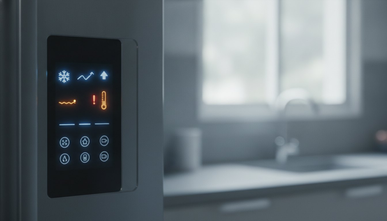Painel digital iluminado de um eletrodoméstico exibindo ícones de alerta de temperatura e funções ativas.