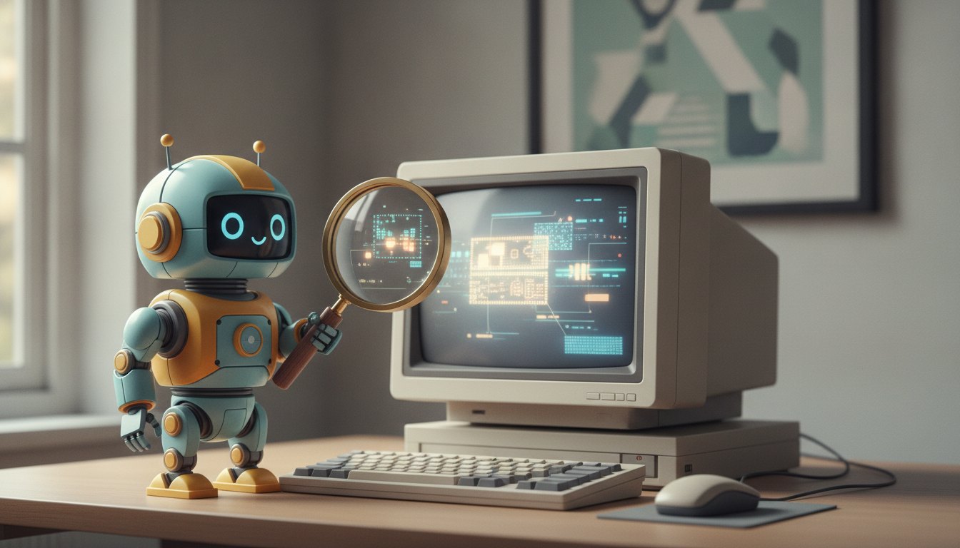 Ilustração colorida de um pequeno robô segurando uma lupa diante de uma tela de computador.