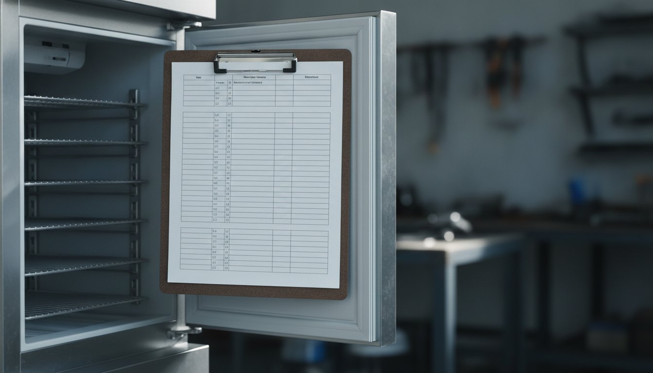 Prancheta com formulário impresso de inspeção técnica apoiada sobre a porta aberta de um refrigerador.