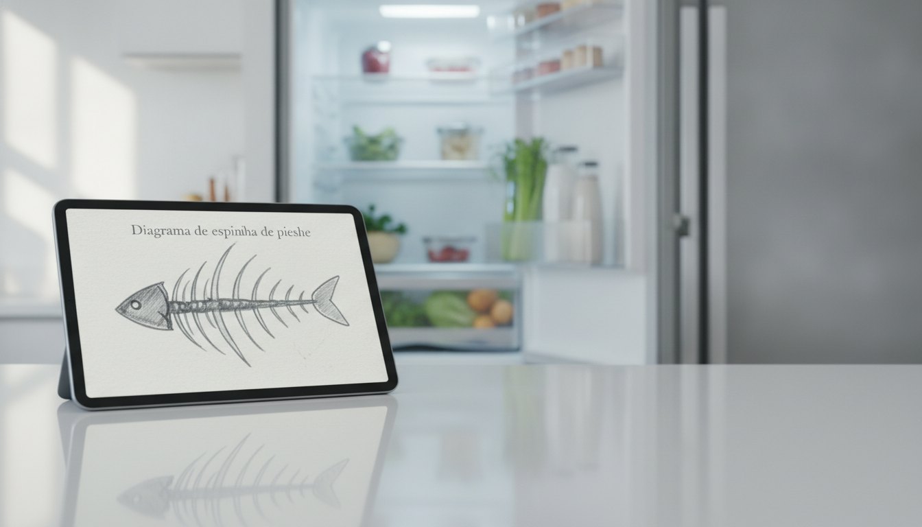 Diagrama de espinha de peixe desenhado em um tablet ao lado de uma geladeira aberta