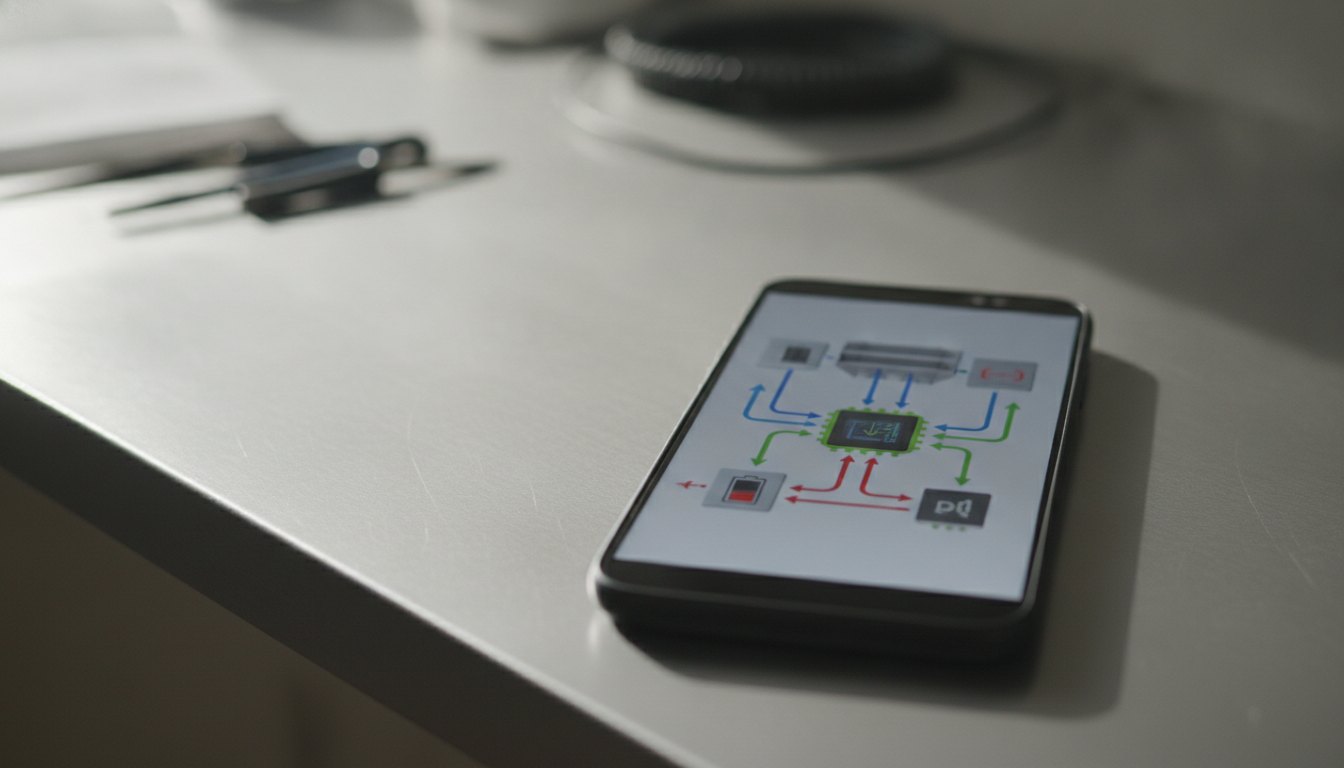 Tela de smartphone exibindo um diagrama colorido com setas apontando para componentes de hardware.