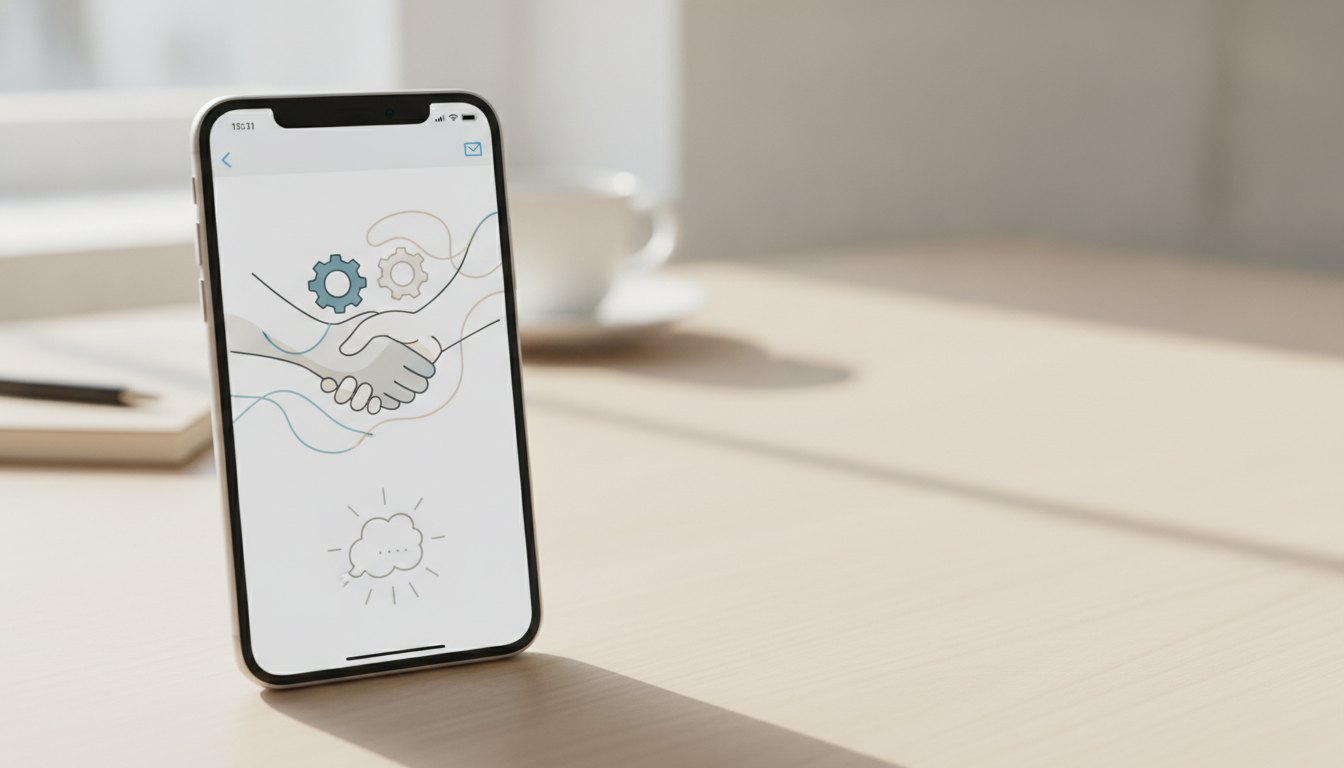 Tela de celular exibindo uma conversa de chat com animação gráfica de cumprimento.