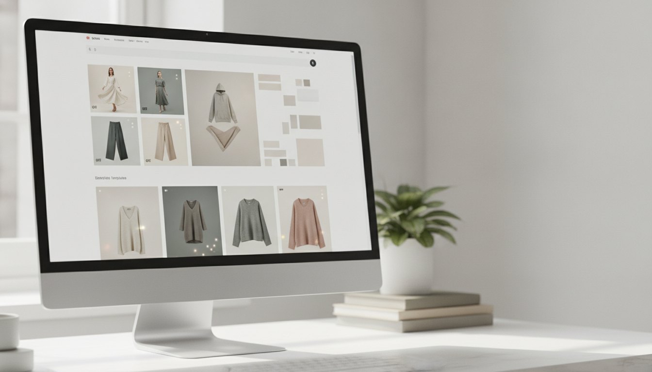 Tela de computador exibindo uma página de loja virtual com fotos e animações de roupas.