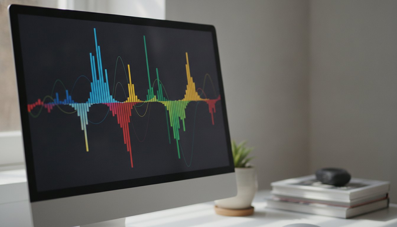 Tela de computador exibindo um painel escuro com barras e linhas coloridas em movimento suave.