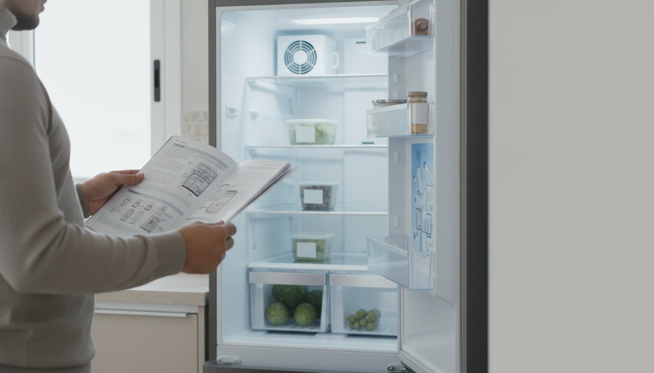 Pessoa segurando um guia ilustrado impresso enquanto observa os componentes internos de um refrigerador residencial aberto.