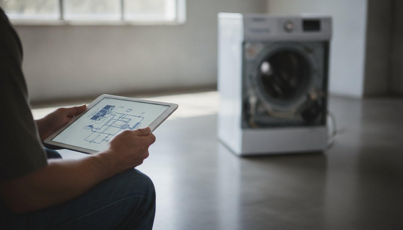 Pessoa segurando um tablet com um diagrama técnico ao lado de uma máquina de lavar