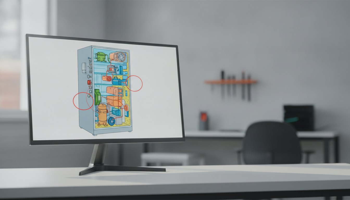 Tela de computador exibindo um diagrama colorido das peças internas de um refrigerador com marcações vermelhas.