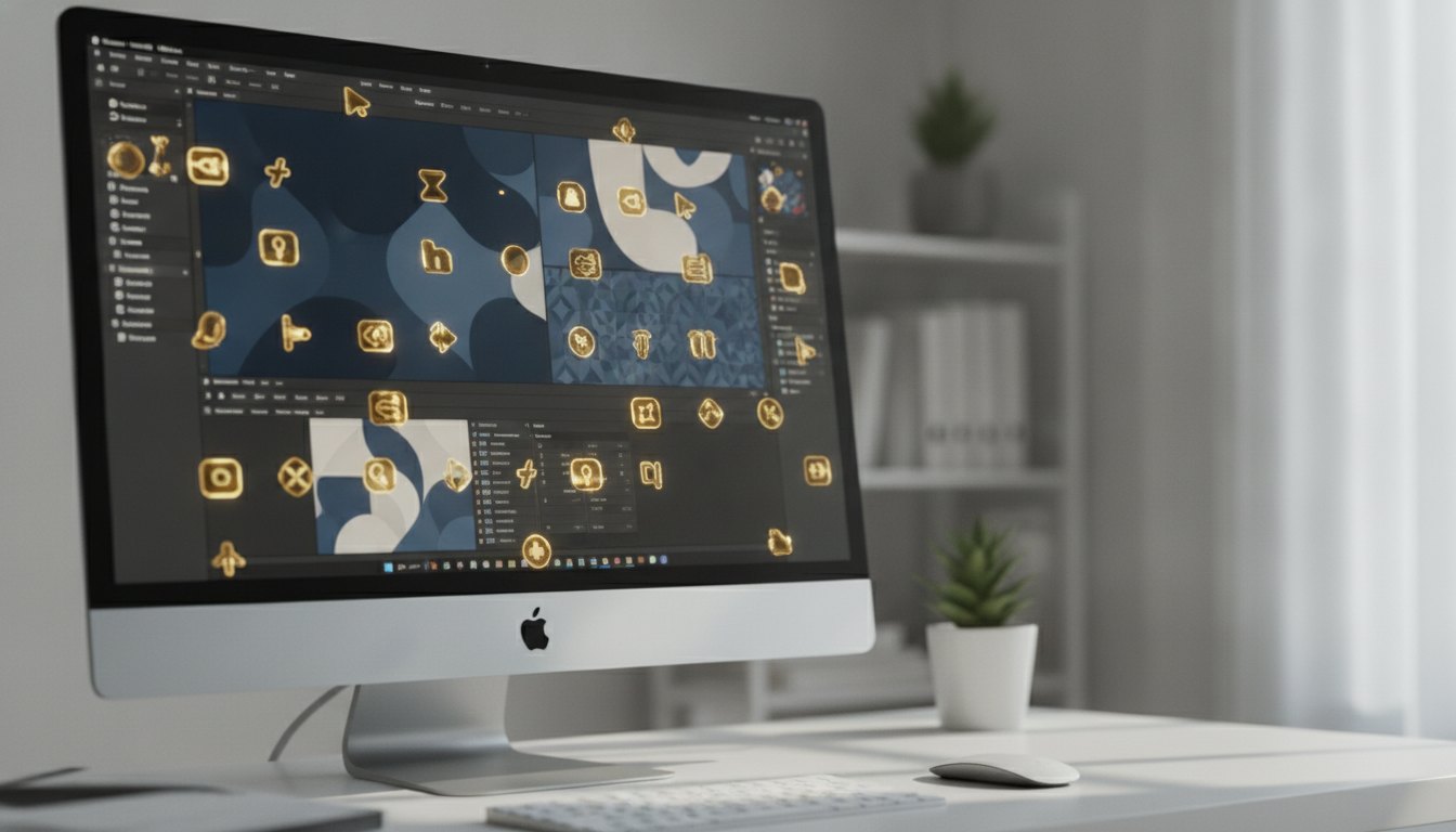 Tela de computador exibindo um software de edição gráfica com ícones dourados brilhantes em movimento.