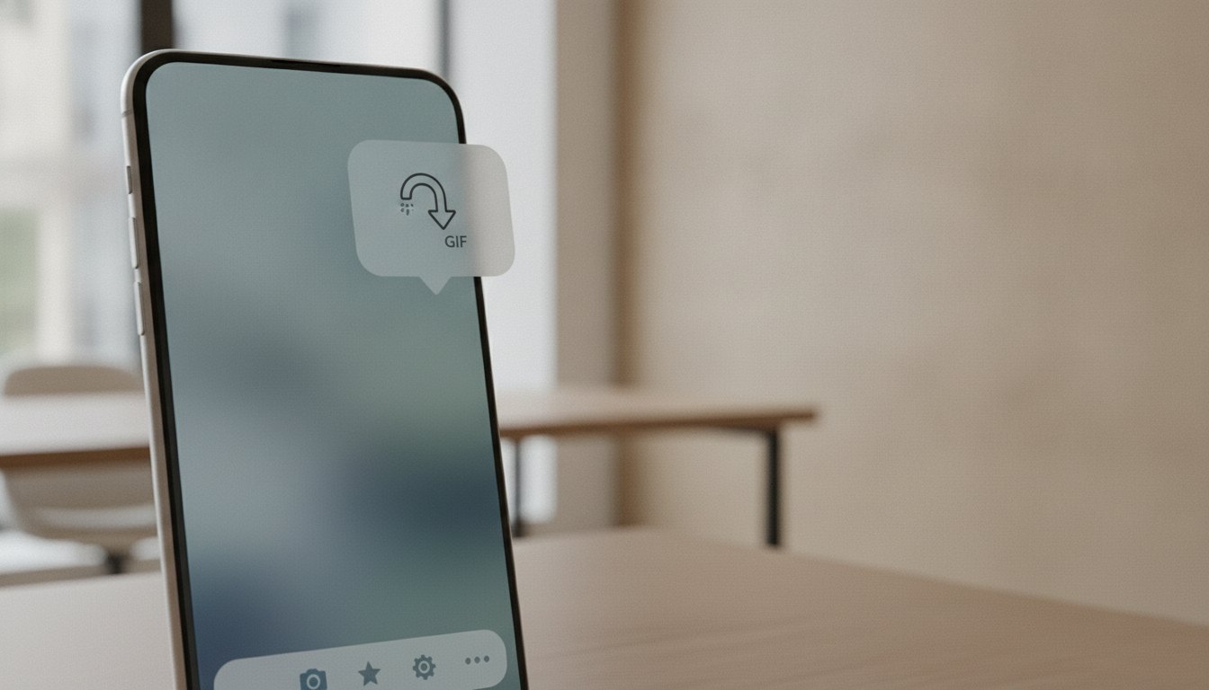 Tela de celular com balão de dica e pequeno gif animado apontando para um menu.