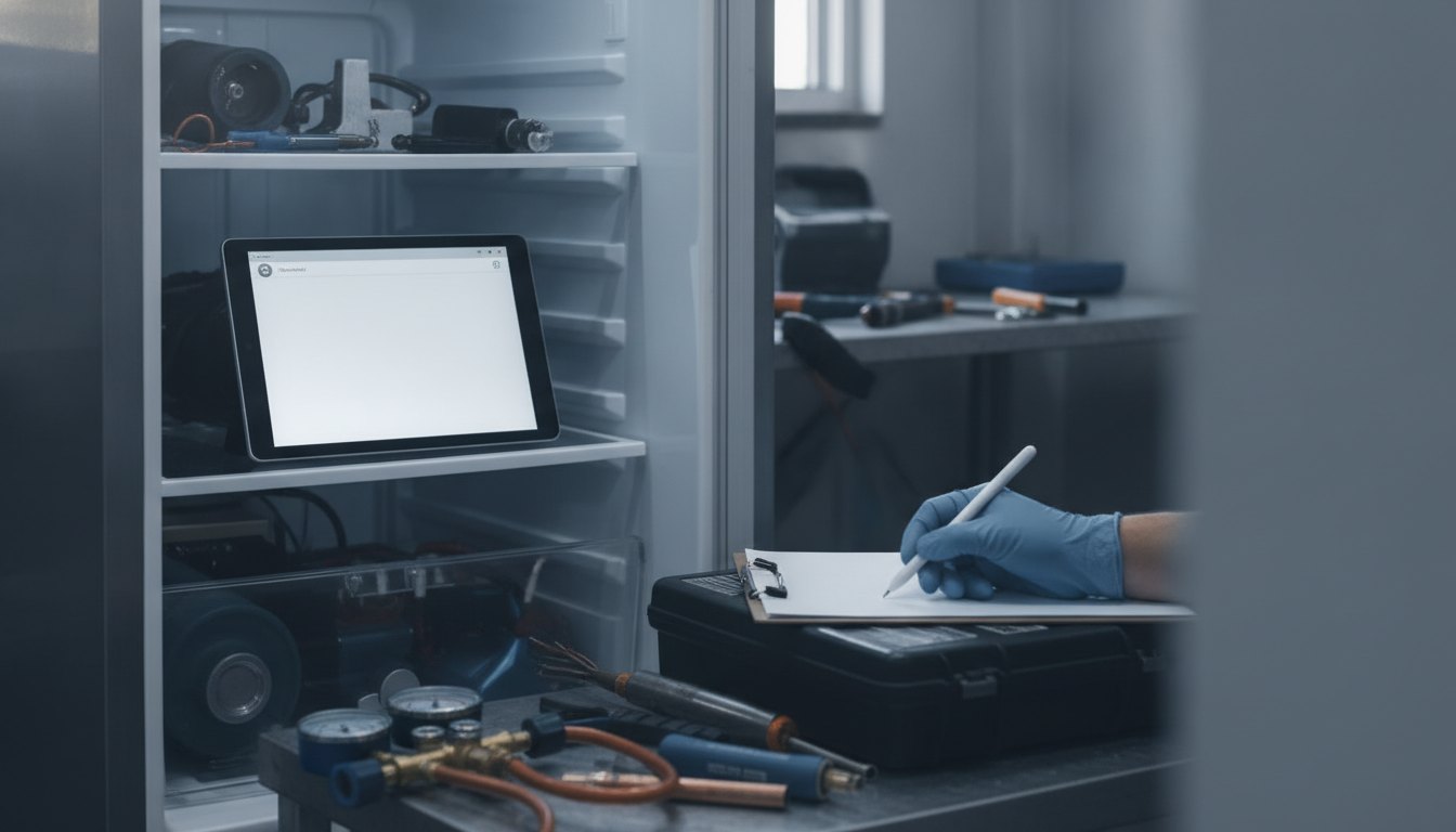 Técnico de refrigeração preenchendo ordem de serviço em um tablet ao lado de uma geladeira aberta.