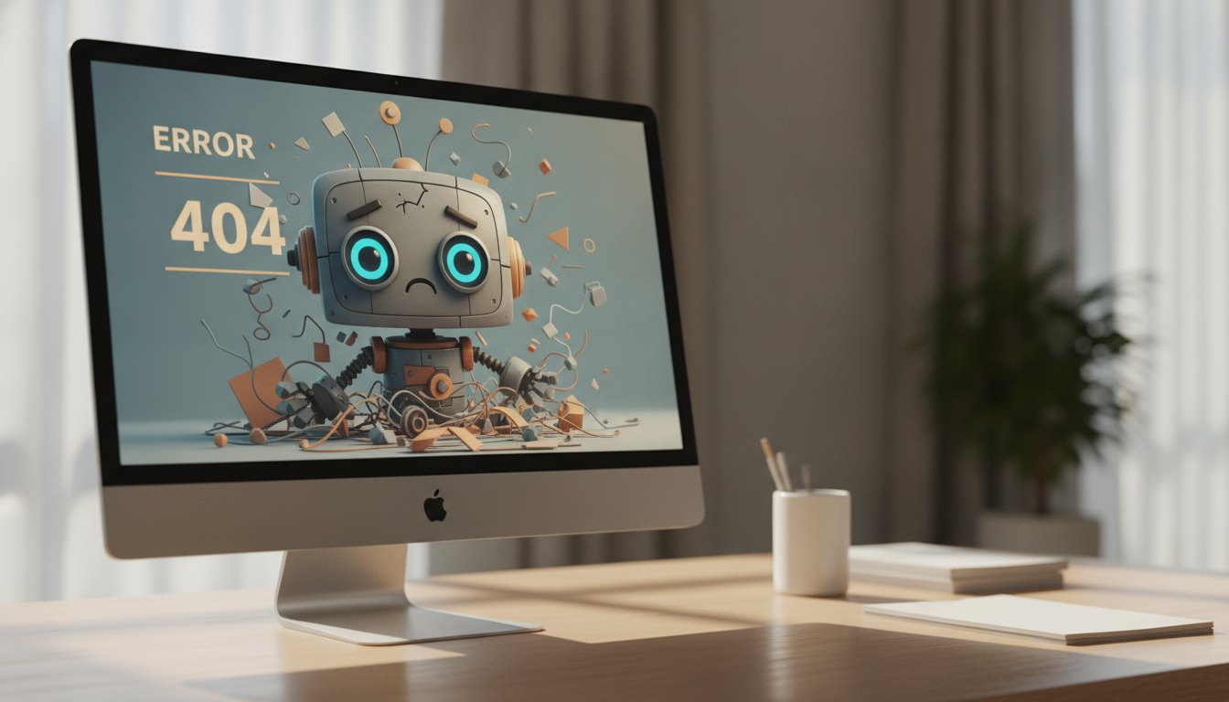 Tela de computador exibindo um layout de erro quatrocentos e quatro com um personagem animado.