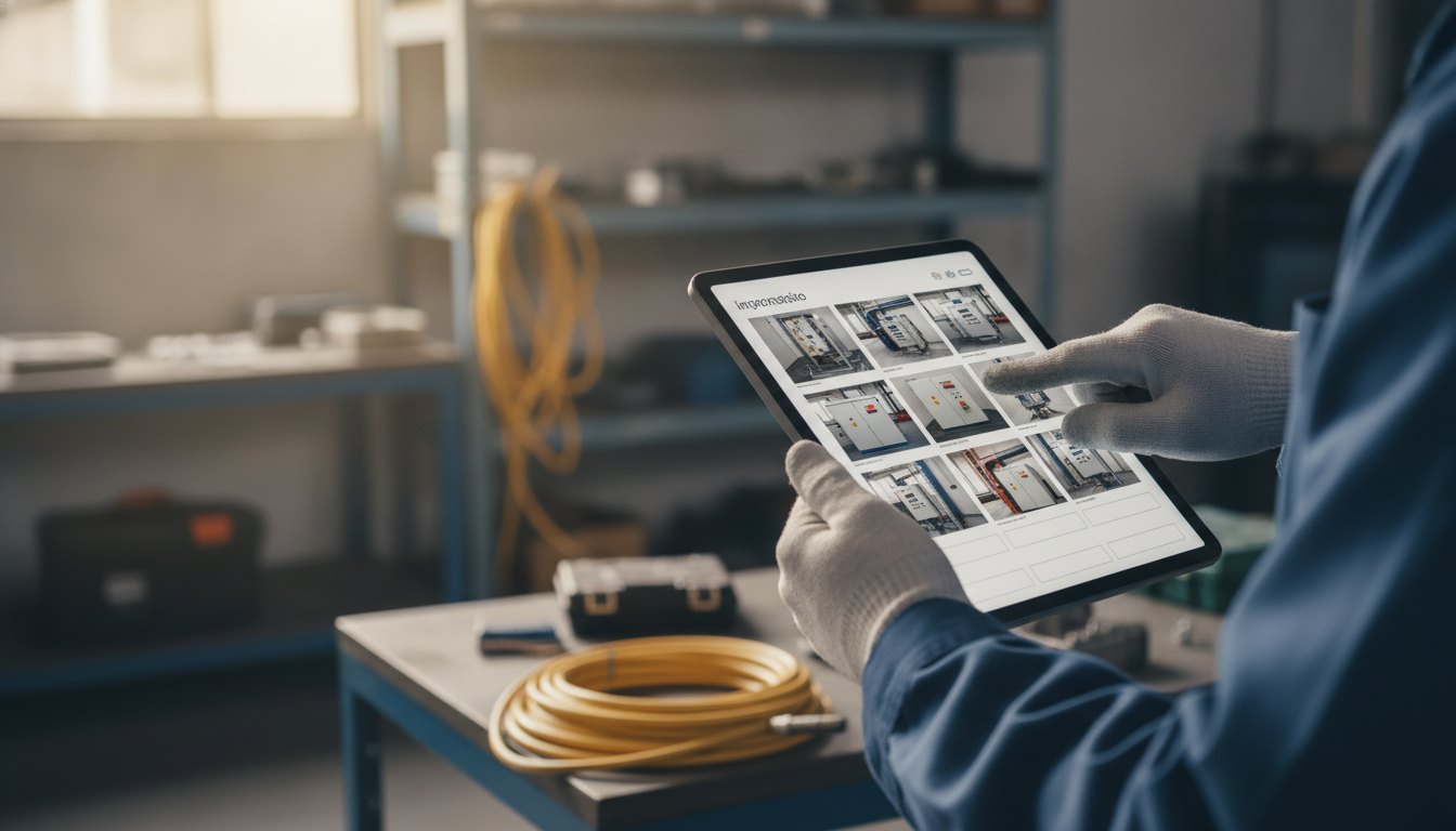 Técnico de manutenção aponta para um tablet exibindo um formulário visual com fotos do equipamento.