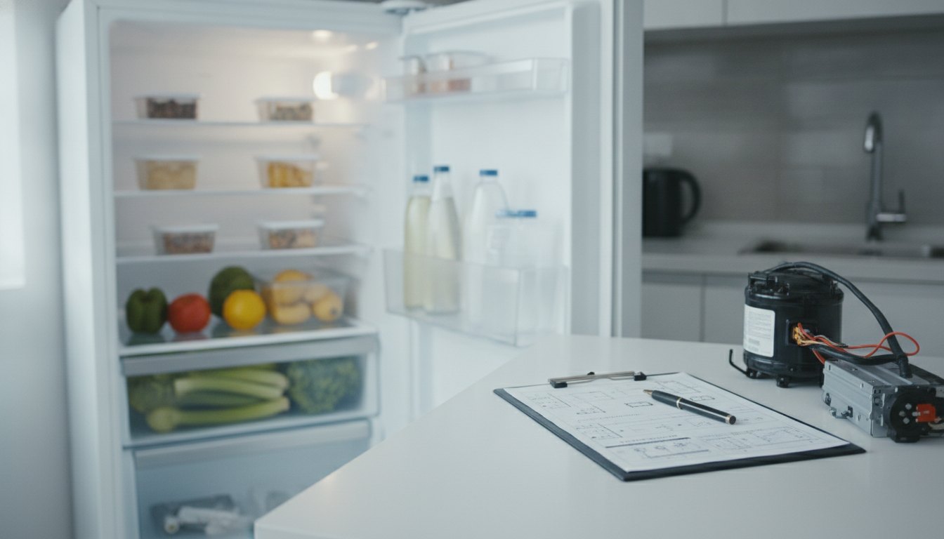 Técnico preenchendo um relatório impresso com diagramas ao lado de uma geladeira aberta na cozinha.